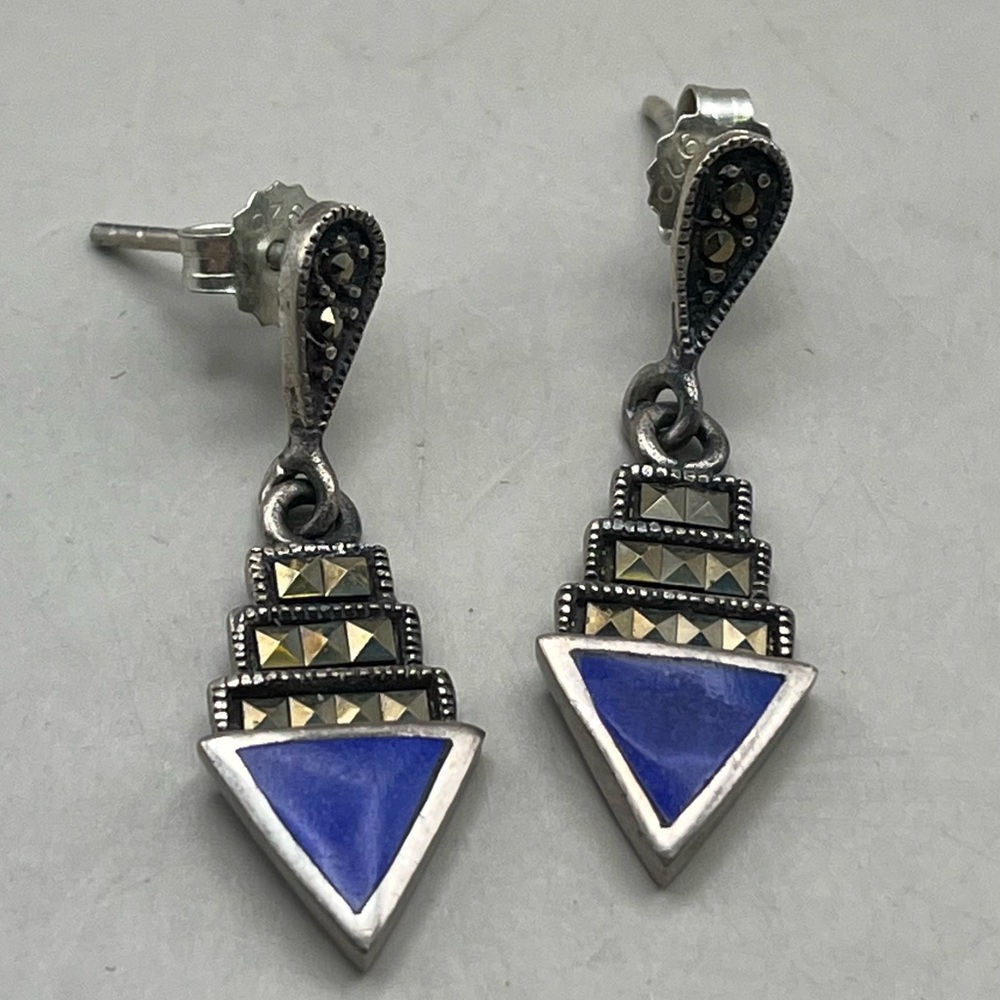 Vintage Sterling Silver and Blue Lapis Geometric Drop Earrings - Statement gift - Picture 2 of 4